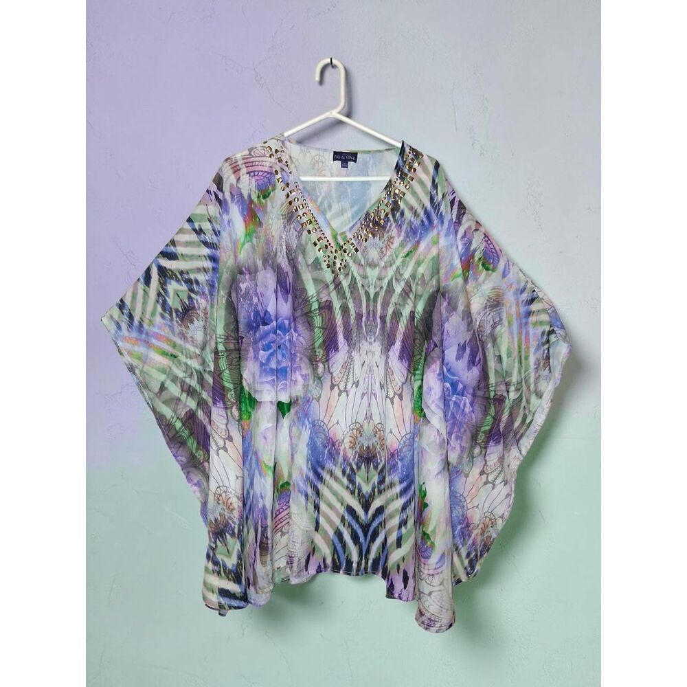 Fig & Vine Purple Green Floral Abstract Studded V-Neck Kaftan Tunic Top 2X